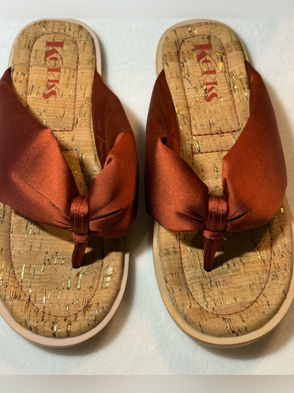 Kork-Ease Satin Knot Thong Sandals in Rust. Size 6.